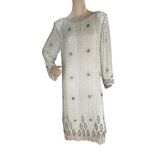 Galaxy International Silk Beaded Dress XL Silver Floral Sheer Shift